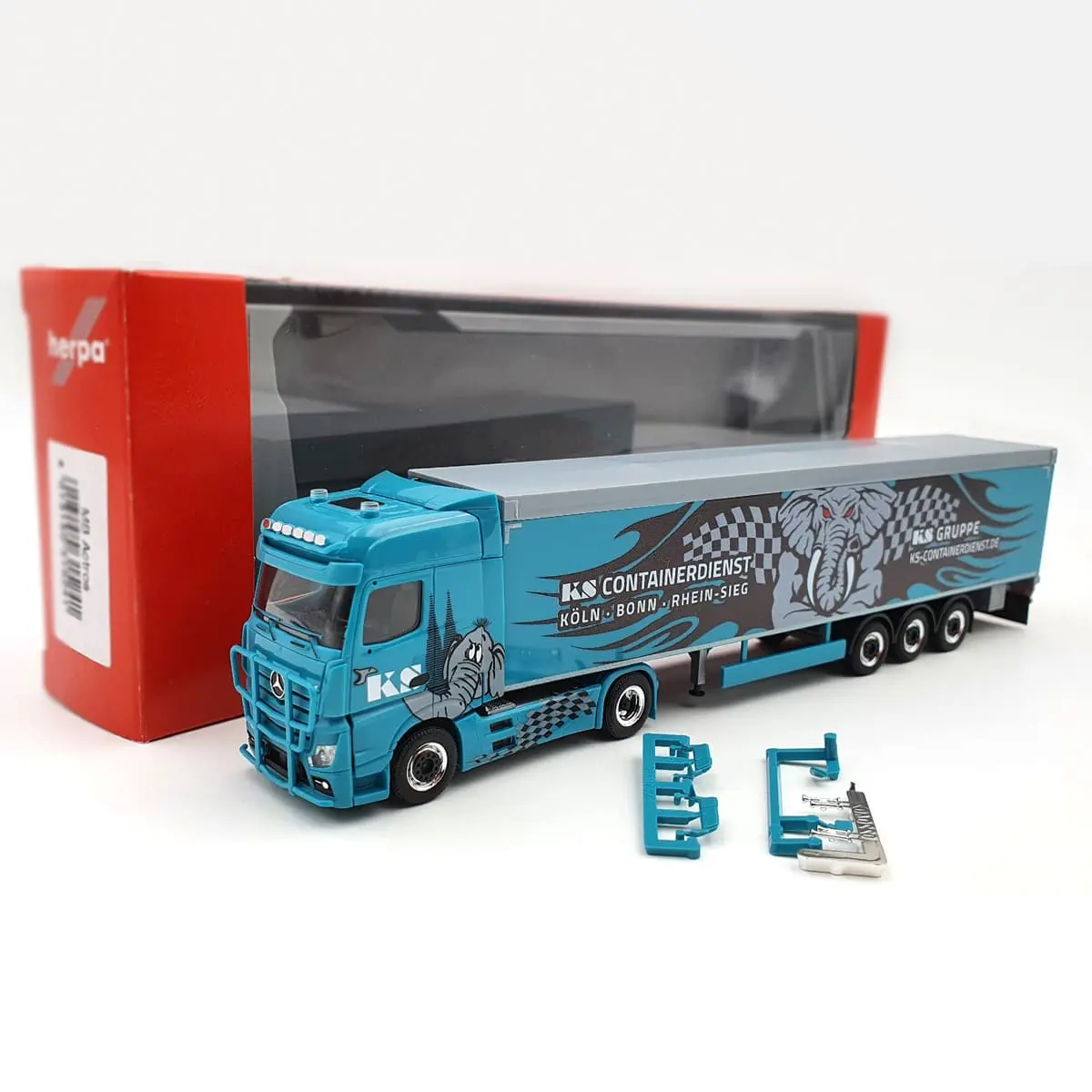 Miniaturmodell Mercedes-Benz Actros Schubboden-Sattelzug „KS Containerdienst“